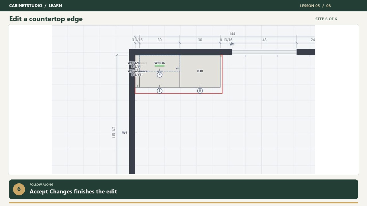 Countertop edge editing demonstrated in the actual floor plan