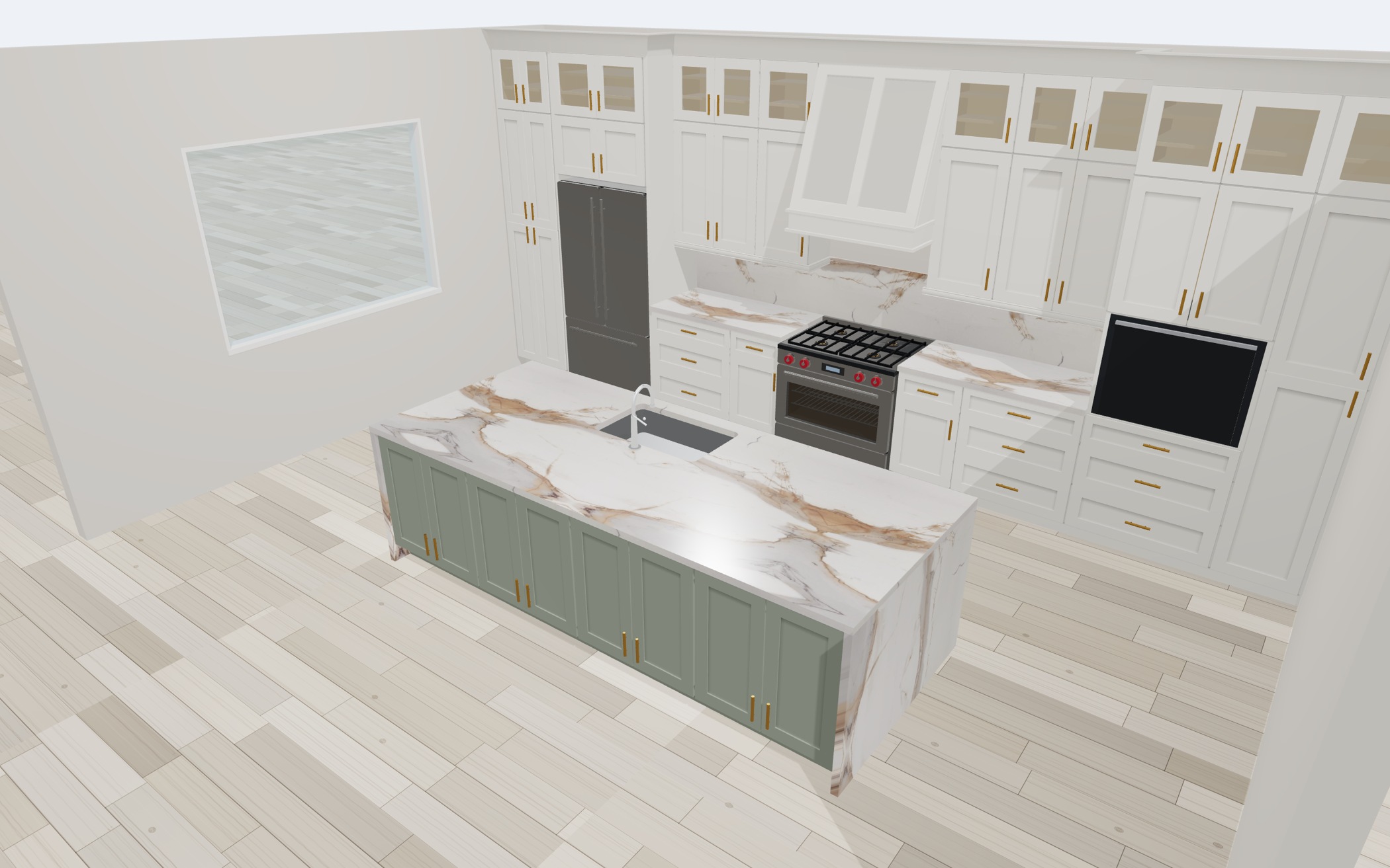 Calacatta Gold veining across the island countertop and waterfall ends, rendered in CabinetStudio