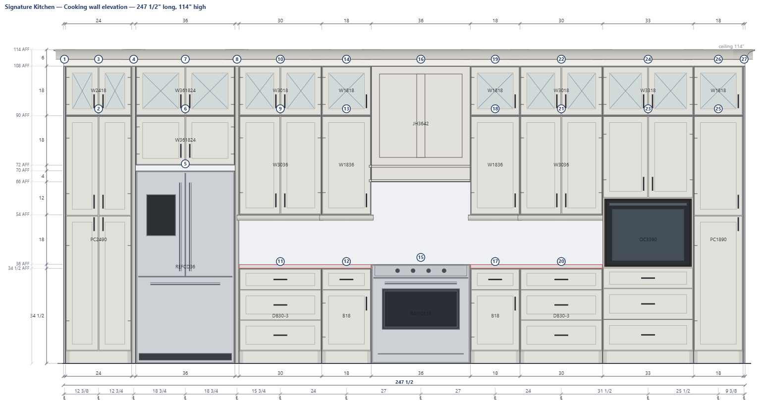 Matching Signature Kitchen wall elevation showing the stacked cabinets, crown, range hood and appliance positions
