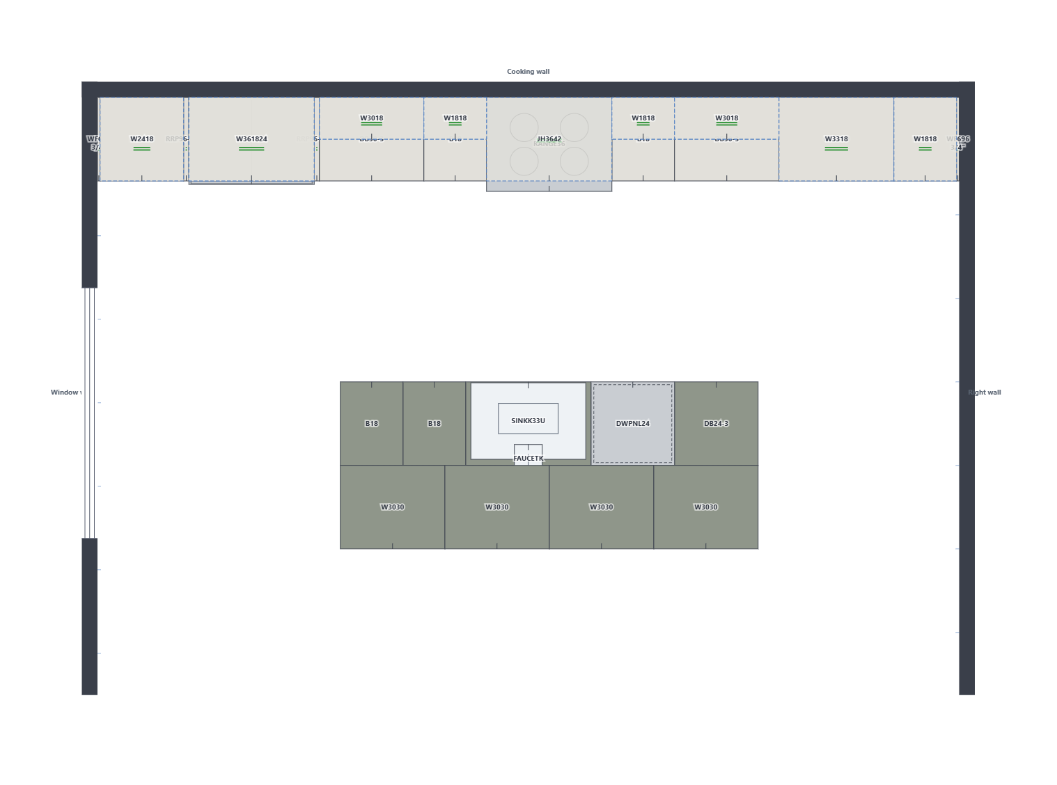 Matching CabinetStudio floor plan of the Signature Kitchen with its cooking wall and 120-inch island