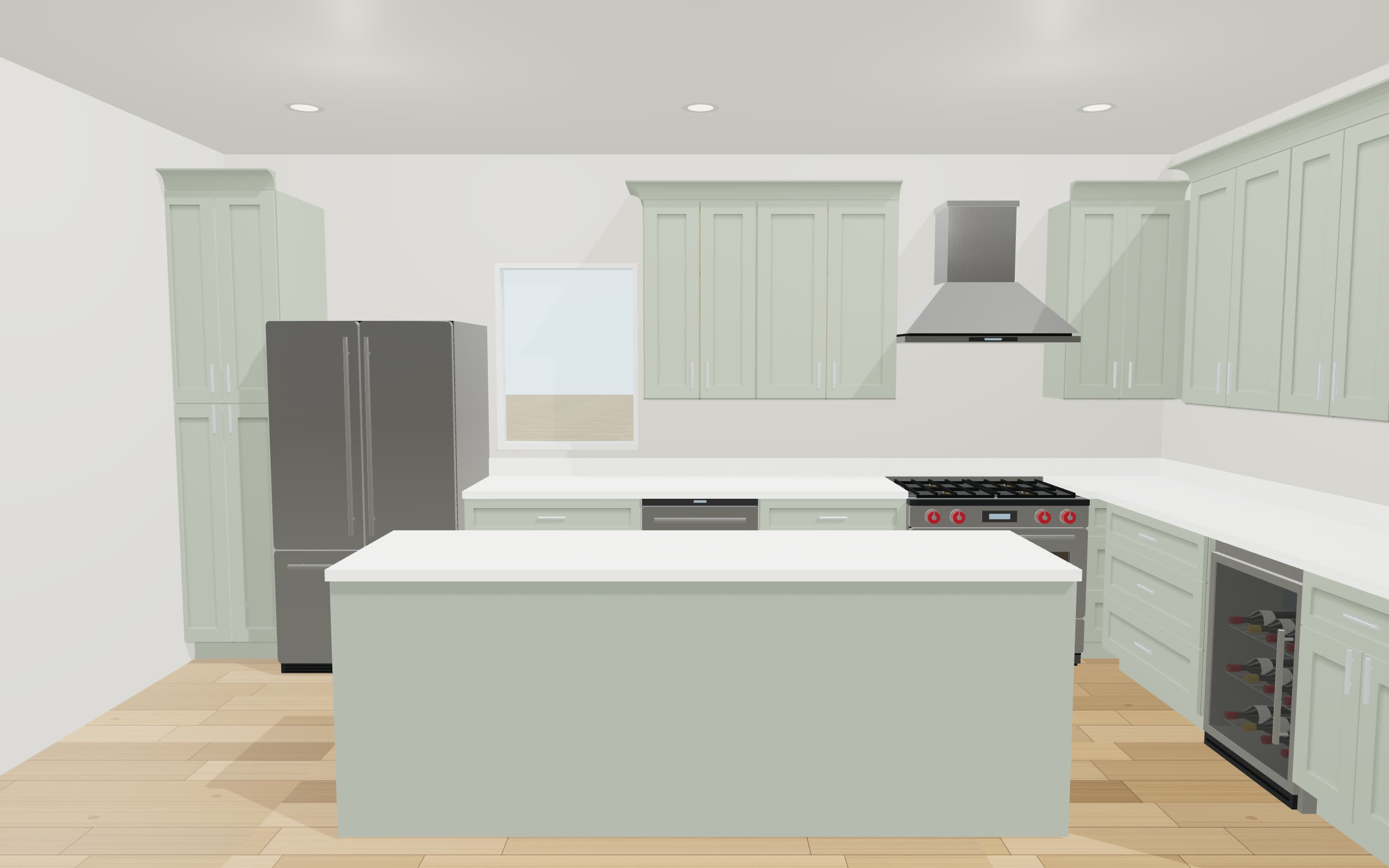 Photo-real 3D view of a full sage-green kitchen designed in CabinetStudio — pantry, island, pro range and beverage cooler