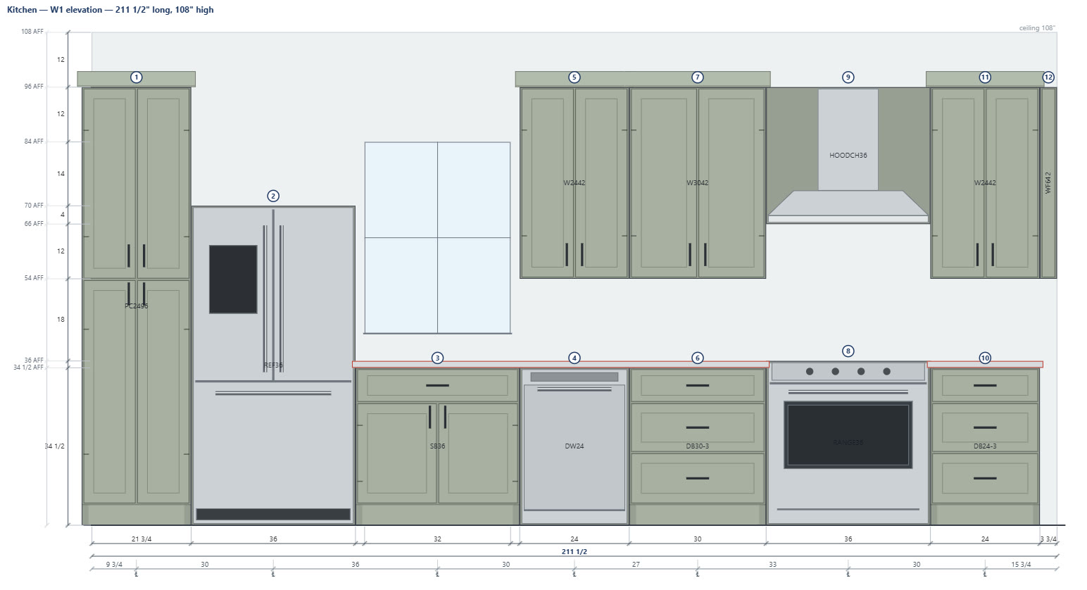 CabinetStudio wall elevation with chain dimensions, above-floor heights, crown and appliance callouts