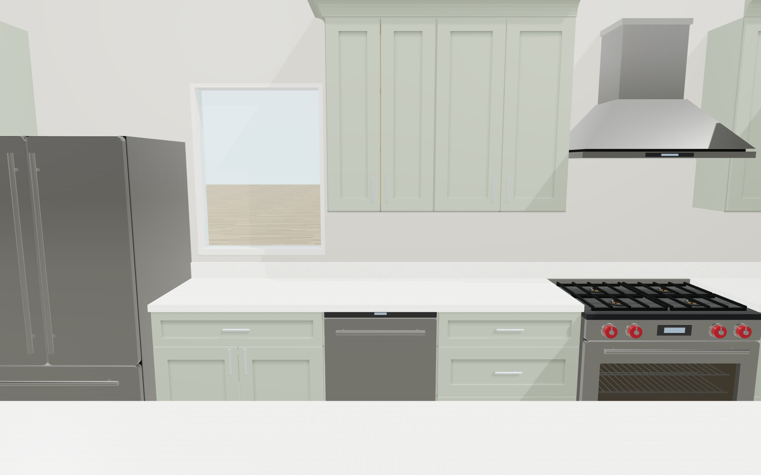 A sage-green kitchen designed in CabinetStudio — pro range, chimney hood, window over the sink and quartz counters rendered in 3D