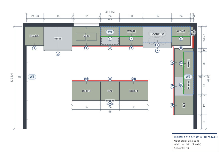 CabinetStudio floor plan of an L-shaped kitchen with dimension chains, numbered cabinet callouts and an island